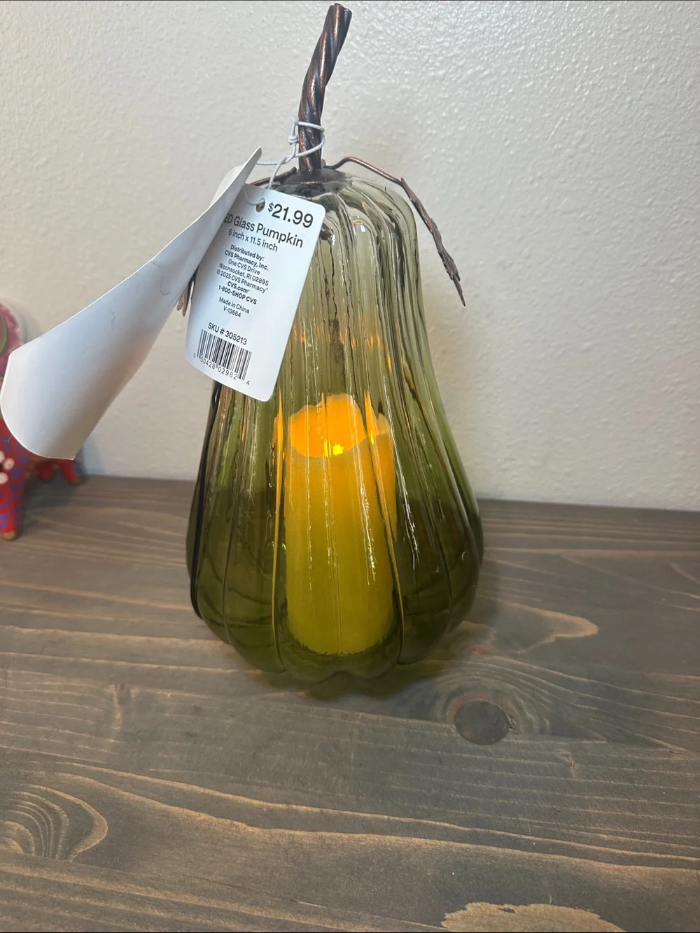 Green Glass Pumpkin Lantern with LED Candle -